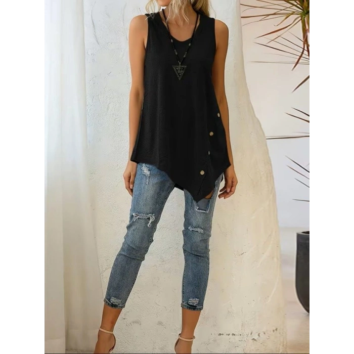 Kadın Askılı Yuvarlak Yakalı Asimetrik Kesim Detaylı Viskon Bluz