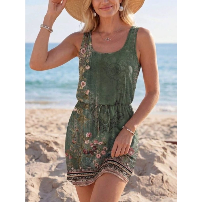 Kadın Askılı Yuvarlak Yakalı Beli Kusaklı çiçek Desenli Kısa Süprem Elbise