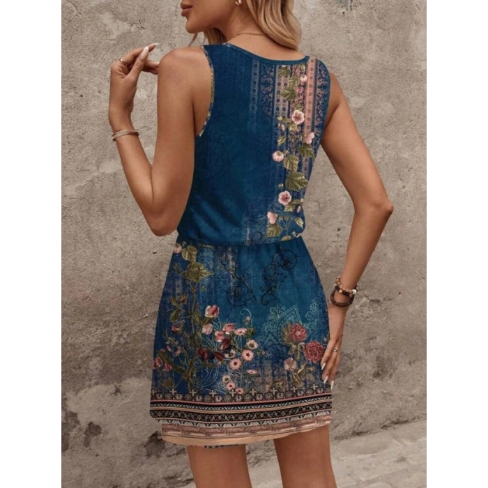 Kadın Askılı Yuvarlak Yakalı Beli Kusaklı çiçek Desenli Kısa Süprem Elbise