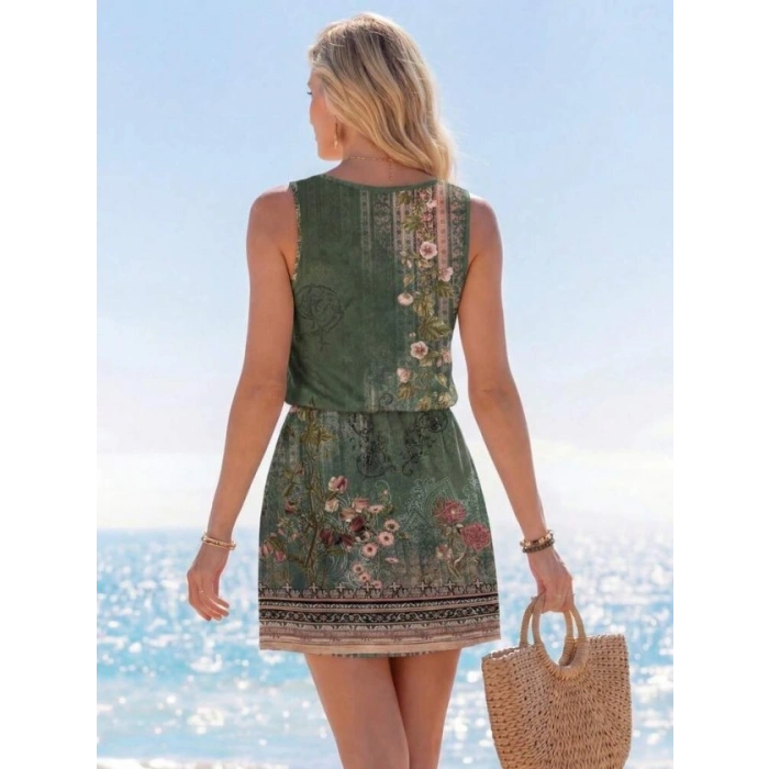 Kadın Askılı Yuvarlak Yakalı Beli Kusaklı çiçek Desenli Kısa Süprem Elbise