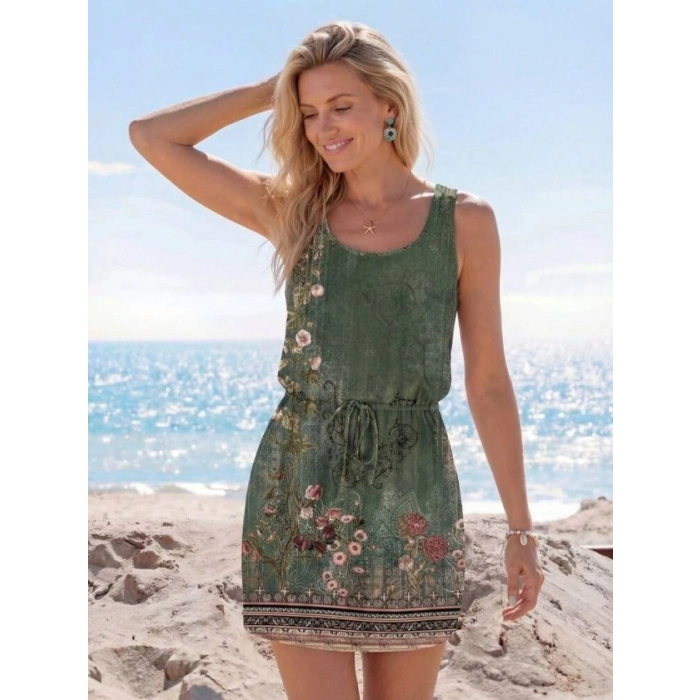 Kadın Askılı Yuvarlak Yakalı Beli Kusaklı çiçek Desenli Kısa Süprem Elbise