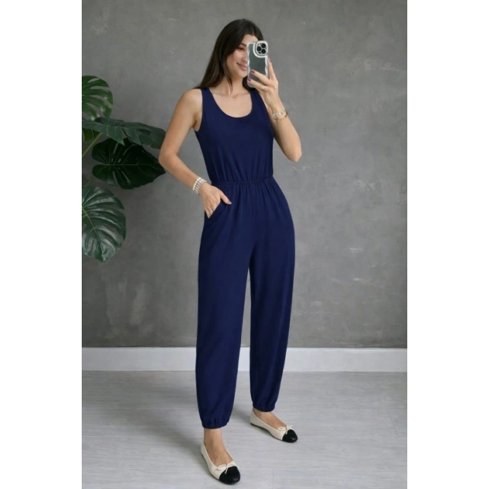 Kadın Askılı Yuvarlak Yakalı Cepli Viskon Tulum