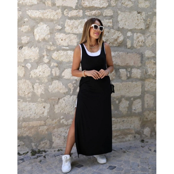 Kadın Askılı Yuvarlak Yakalı Cepli Yırtmaç Detaylı Viskon Elbise Ve Atlet Ikili Takım