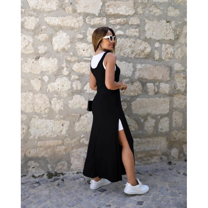 Kadın Askılı Yuvarlak Yakalı Cepli Yırtmaç Detaylı Viskon Elbise Ve Atlet Ikili Takım