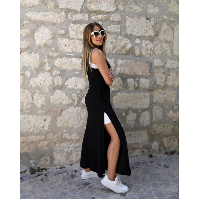 Kadın Askılı Yuvarlak Yakalı Cepli Yırtmaç Detaylı Viskon Elbise Ve Atlet Ikili Takım