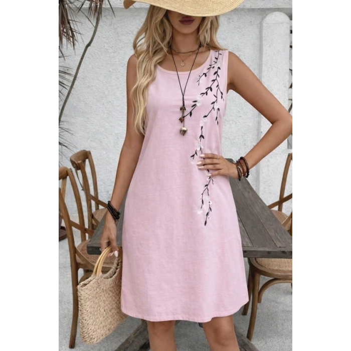 Kadın Askılı Yuvarlak Yakalı çiçek Desenli Kısa Elbise