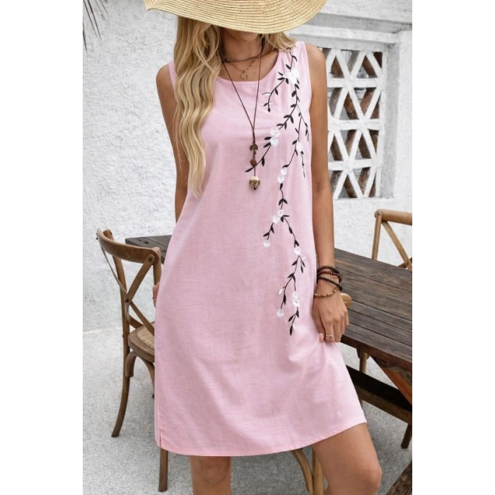 Kadın Askılı Yuvarlak Yakalı çiçek Desenli Kısa Elbise