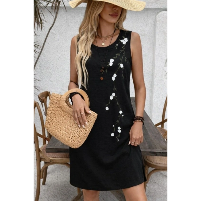 Kadın Askılı Yuvarlak Yakalı çiçek Desenli Kısa Elbise