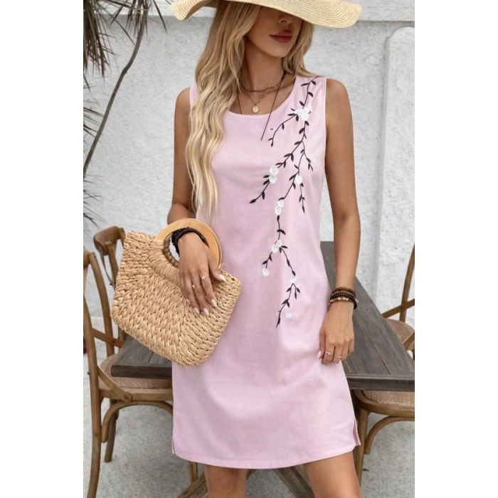 Kadın Askılı Yuvarlak Yakalı çiçek Desenli Kısa Elbise