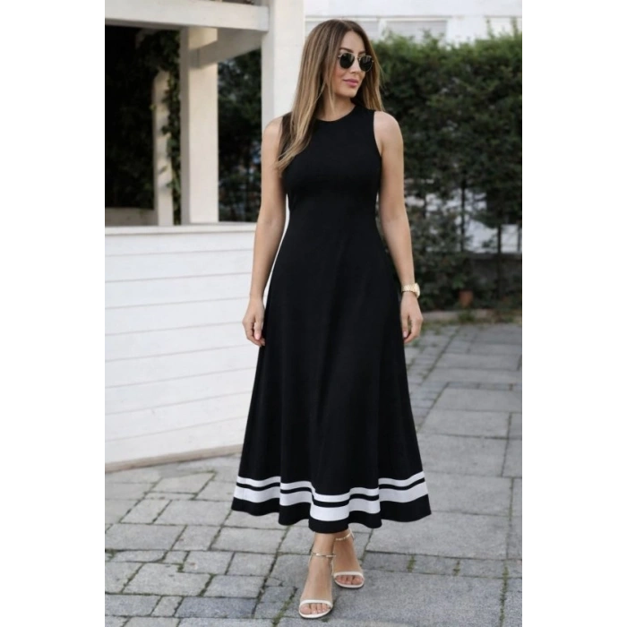 Kadın Askılı Yuvarlak Yakalı Etek Ucu şerit Detaylı Uzun Viskon Elbise