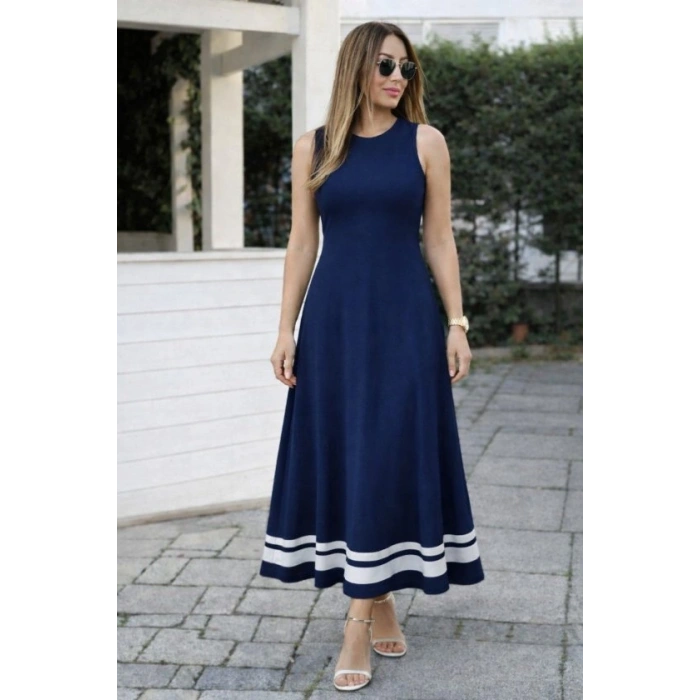 Kadın Askılı Yuvarlak Yakalı Etek Ucu şerit Detaylı Uzun Viskon Elbise