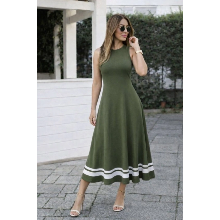 Kadın Askılı Yuvarlak Yakalı Etek Ucu şerit Detaylı Uzun Viskon Elbise