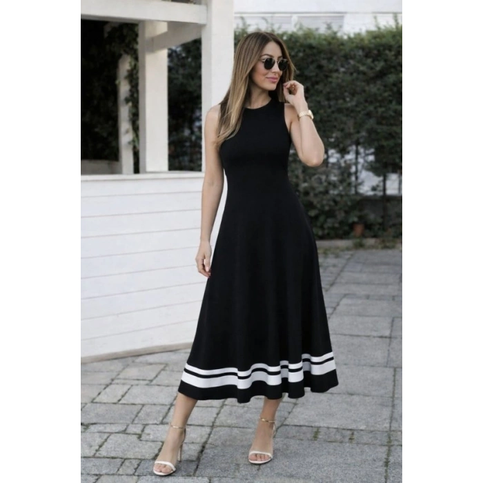 Kadın Askılı Yuvarlak Yakalı Etek Ucu şerit Detaylı Uzun Viskon Elbise