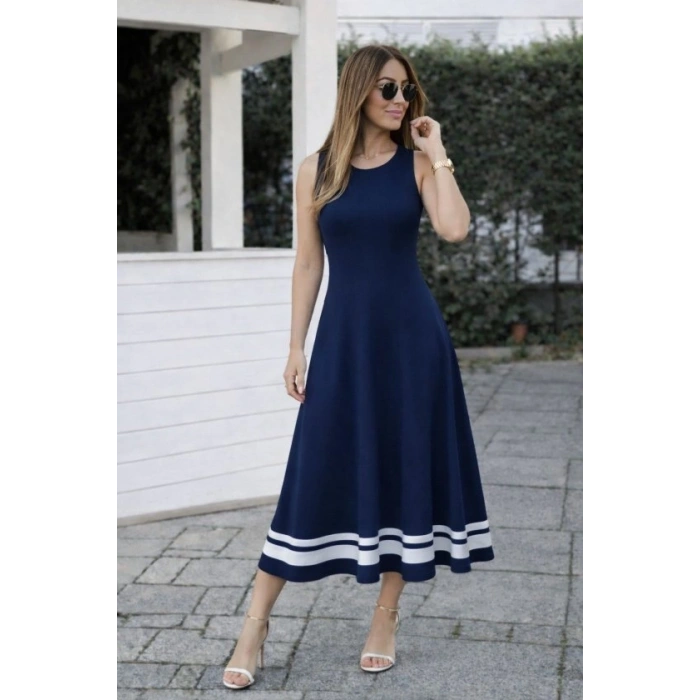 Kadın Askılı Yuvarlak Yakalı Etek Ucu şerit Detaylı Uzun Viskon Elbise