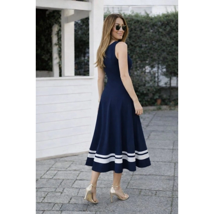 Kadın Askılı Yuvarlak Yakalı Etek Ucu şerit Detaylı Uzun Viskon Elbise