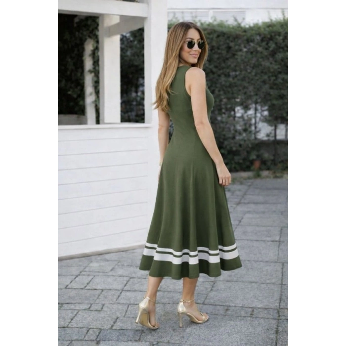 Kadın Askılı Yuvarlak Yakalı Etek Ucu şerit Detaylı Uzun Viskon Elbise