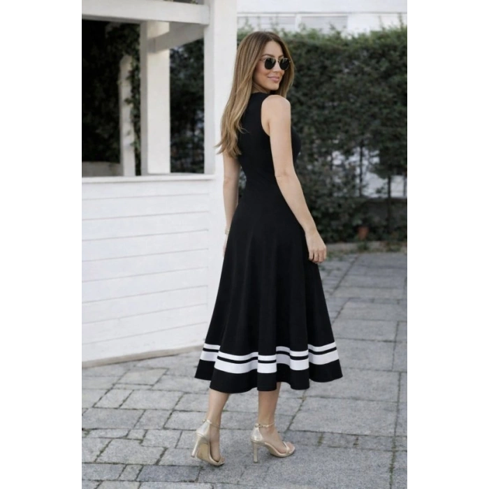 Kadın Askılı Yuvarlak Yakalı Etek Ucu şerit Detaylı Uzun Viskon Elbise