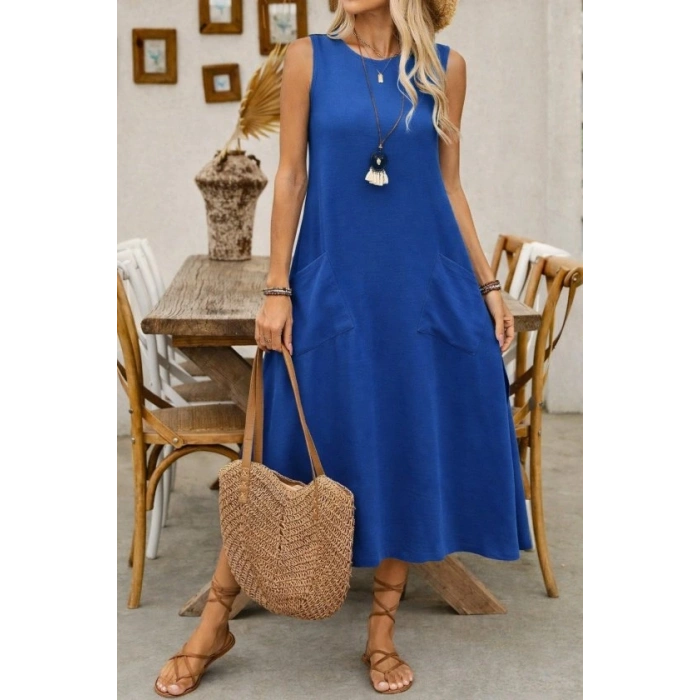 Kadın Askılı Yuvarlak Yakalı Kıloş Cepli Uzun Elbise