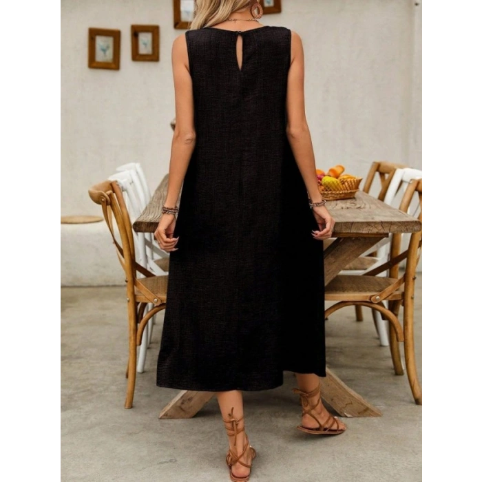 Kadın Askılı Yuvarlak Yakalı Kıloş Cepli Uzun Elbise