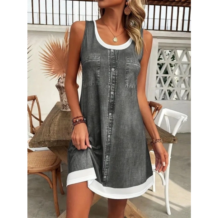 Kadın Askılı Yuvarlak Yakalı Kot Görünümlü Kısa Süprem Elbise