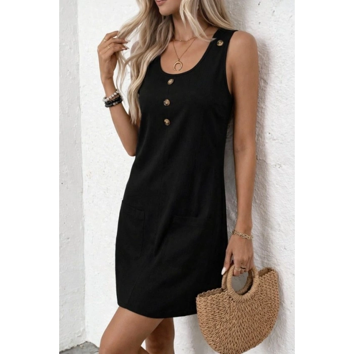 Kadın Askılı Yuvarlak Yakalı önden Düğmeli Cep Detaylı Kısa Elbise