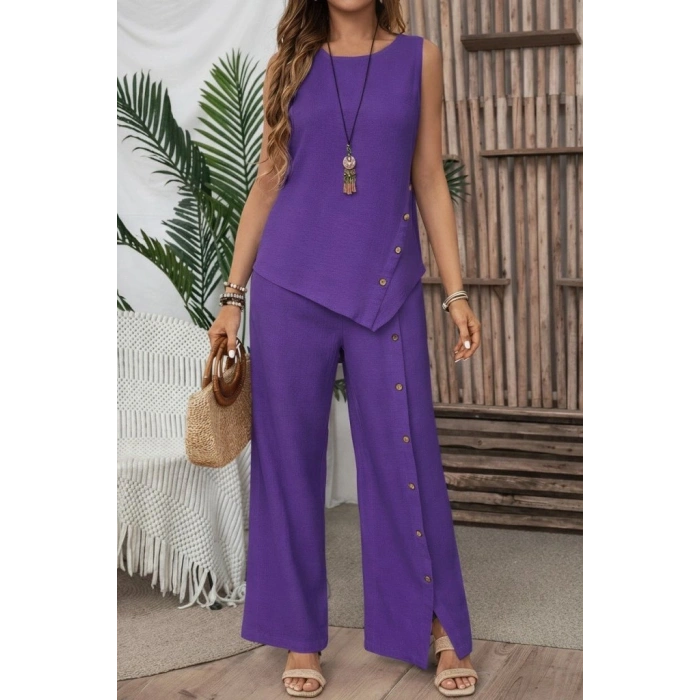 Kadın Askılı Yuvarlak Yakalı önü Asimetrik Detaylı Düğmeli Aerobin Bluz Ve Pantolon Ikili Takım