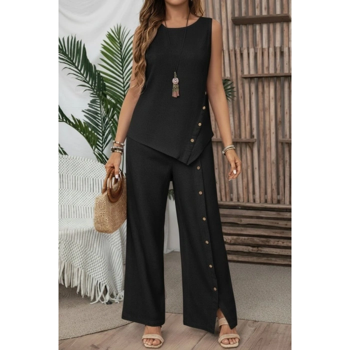 Kadın Askılı Yuvarlak Yakalı önü Asimetrik Detaylı Düğmeli Aerobin Bluz Ve Pantolon Ikili Takım