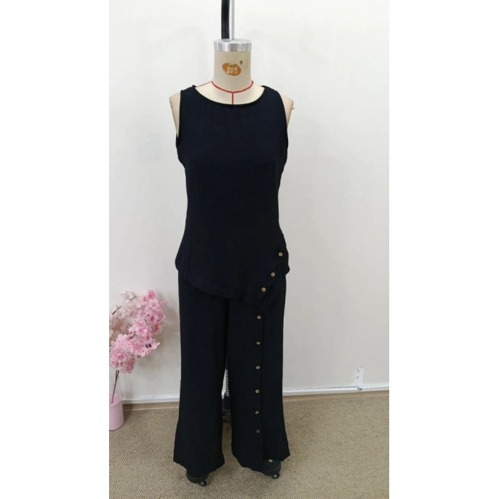 Kadın Askılı Yuvarlak Yakalı önü Asimetrik Detaylı Düğmeli Aerobin Bluz Ve Pantolon Ikili Takım