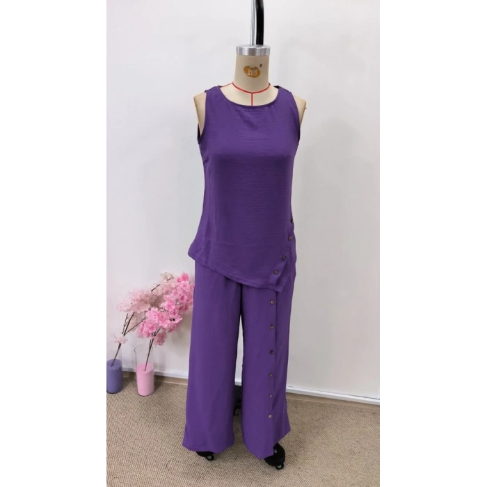 Kadın Askılı Yuvarlak Yakalı önü Asimetrik Detaylı Düğmeli Aerobin Bluz Ve Pantolon Ikili Takım