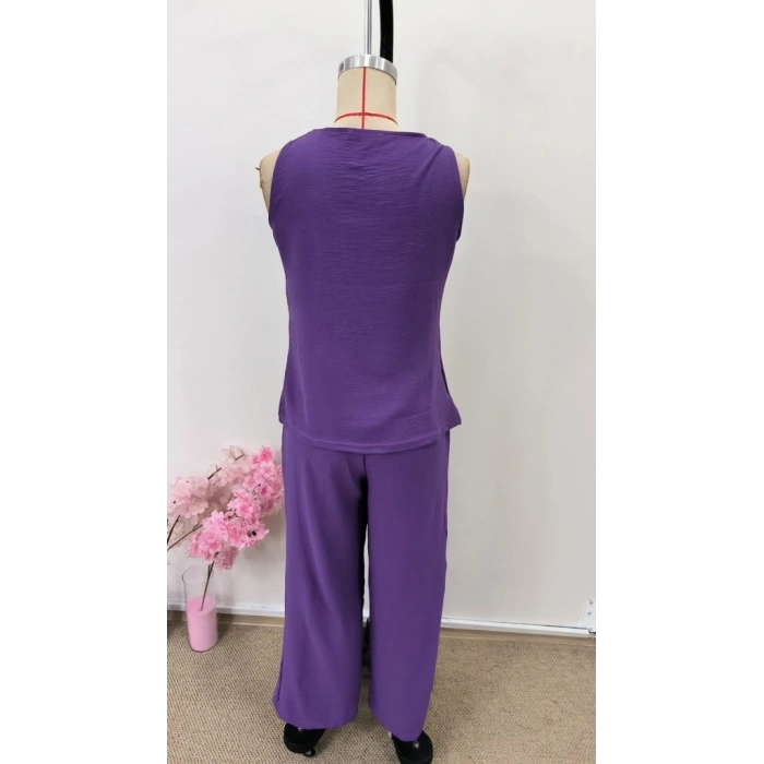 Kadın Askılı Yuvarlak Yakalı önü Asimetrik Detaylı Düğmeli Aerobin Bluz Ve Pantolon Ikili Takım