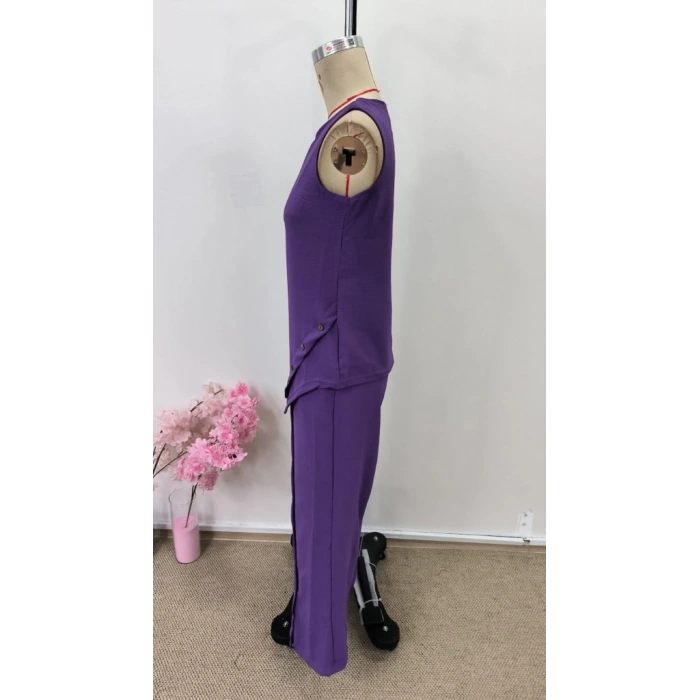 Kadın Askılı Yuvarlak Yakalı önü Asimetrik Detaylı Düğmeli Aerobin Bluz Ve Pantolon Ikili Takım