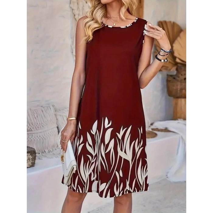Kadın Askılı Yuvarlak Yakalı Yaprak Desenli Dalgıç Elbise