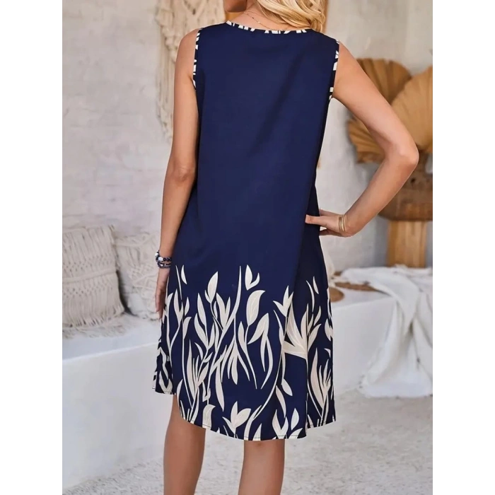 Kadın Askılı Yuvarlak Yakalı Yaprak Desenli Dalgıç Elbise