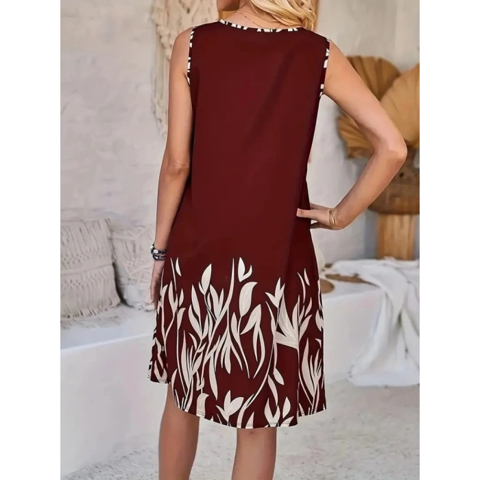 Kadın Askılı Yuvarlak Yakalı Yaprak Desenli Dalgıç Elbise
