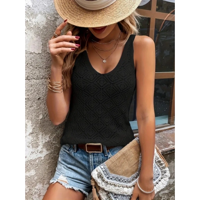 Kadın Baklava Desen Detaylı Kalın Askılı Triko Bluz