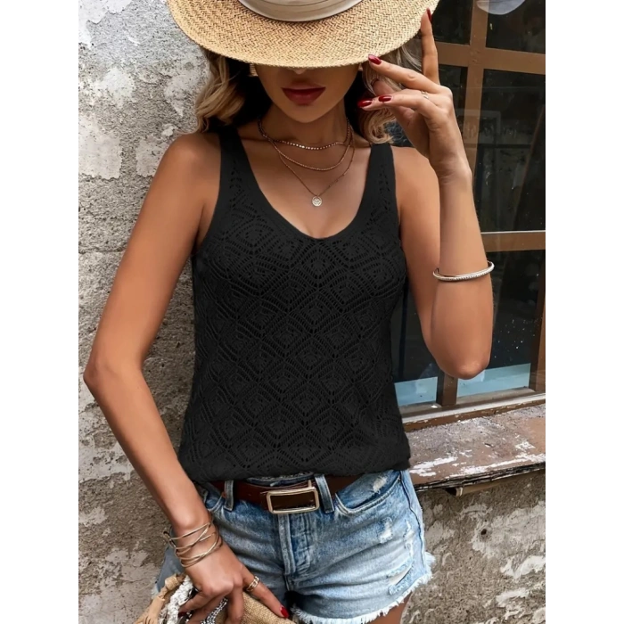 Kadın Baklava Desen Detaylı Kalın Askılı Triko Bluz