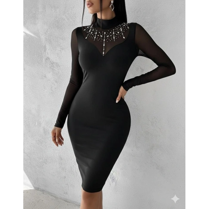 Kadın Balıkçı Yaka Dalgıç Kumaş Taş Ve Transparan Detaydiz üstü Elbise