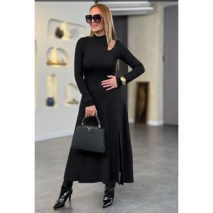 Kadın Balıkçı Yaka Damla Detaylı Yırtmaçlı Uzun Viskon Iki Iplik Maxi Elbise