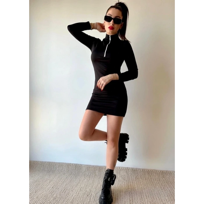 Kadın Balıkçı Yaka Fermuar Detay Mini Elbise