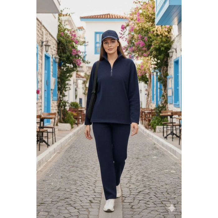 Kadın Balıkçı Yaka Fermuar Detay Polar Sweat Ve Pantolon Ikili Takım