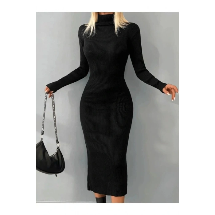 Kadın Balıkçı Yaka Fitilli Triko Kalem Elbise