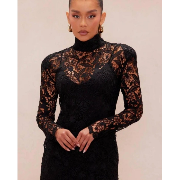 Kadın Balıkçı Yaka Full Dantel Güpür Mini Elbise