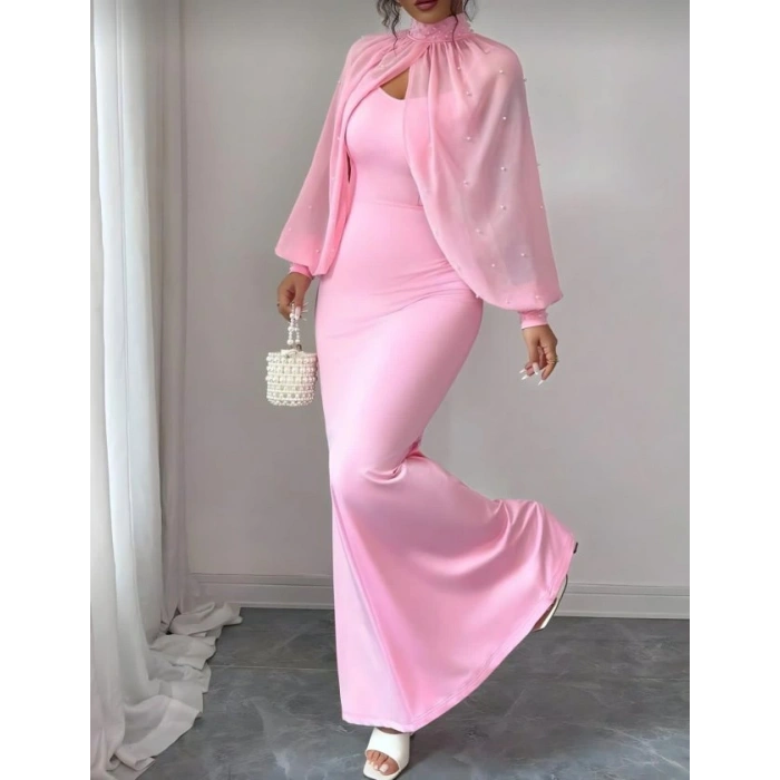 Kadın Balıkçı Yaka İnci Ve Tül Detay Dalgıç Kumaş Maxi Boy Elbise