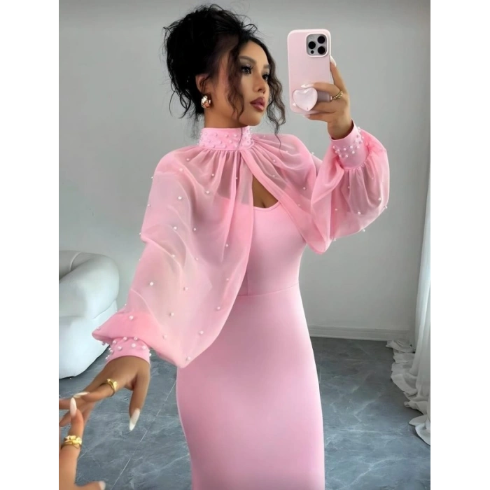 Kadın Balıkçı Yaka İnci Ve Tül Detay Dalgıç Kumaş Maxi Boy Elbise