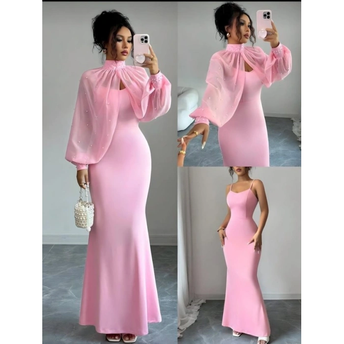 Kadın Balıkçı Yaka İnci Ve Tül Detay Dalgıç Kumaş Maxi Boy Elbise