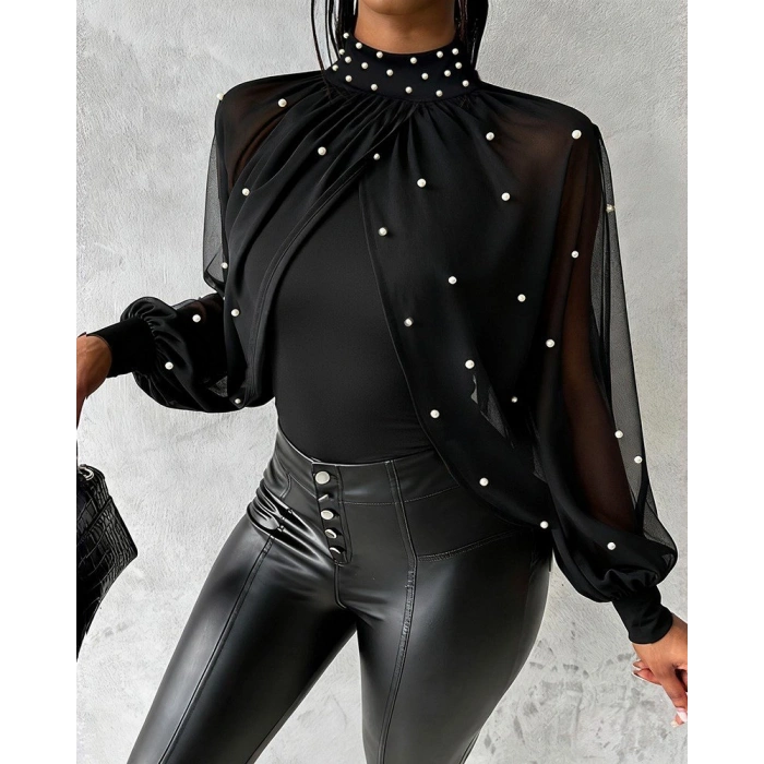 Kadın Balıkçı Yaka Incili Pelerin Ithal Krep Bluz