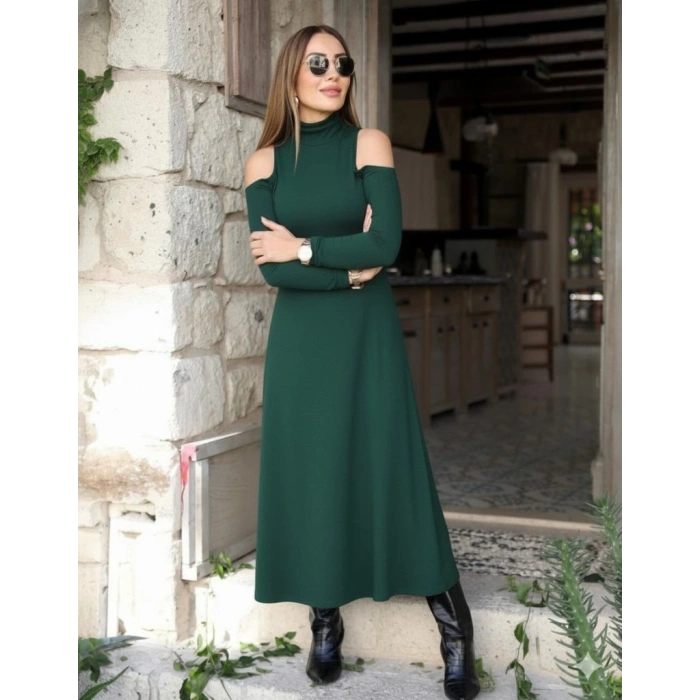 Kadın Balıkçı Yaka Omuzlardan Açık Uzun Kollu Janjan Krep Elbise