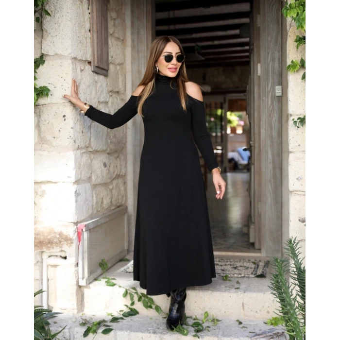 Kadın Balıkçı Yaka Omuzlardan Açık Uzun Kollu Janjan Krep Elbise