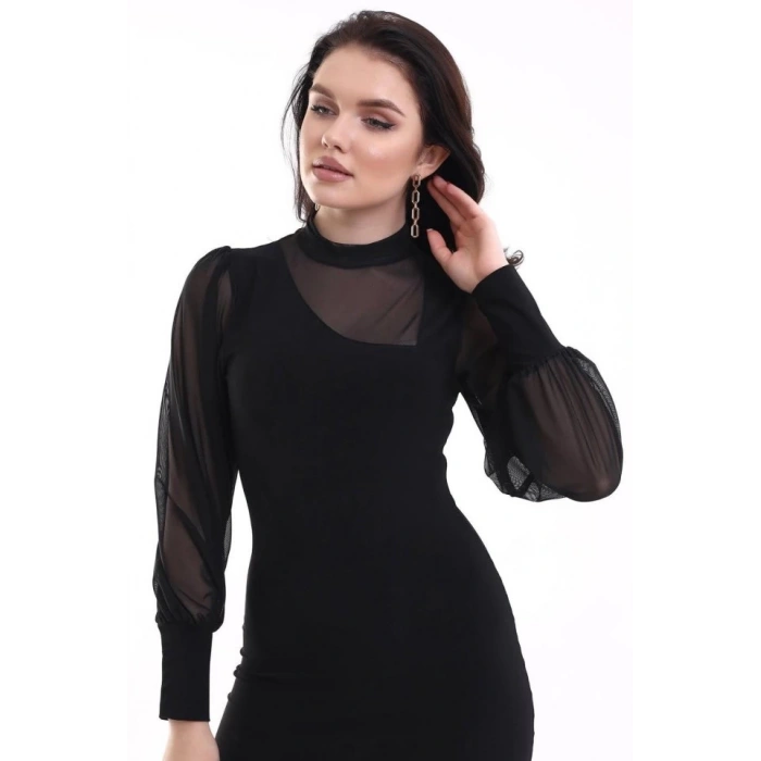 Kadın Balıkçı Yaka Transparan Detay Fırsat ürün Sandy Kumaş Mini Elbise