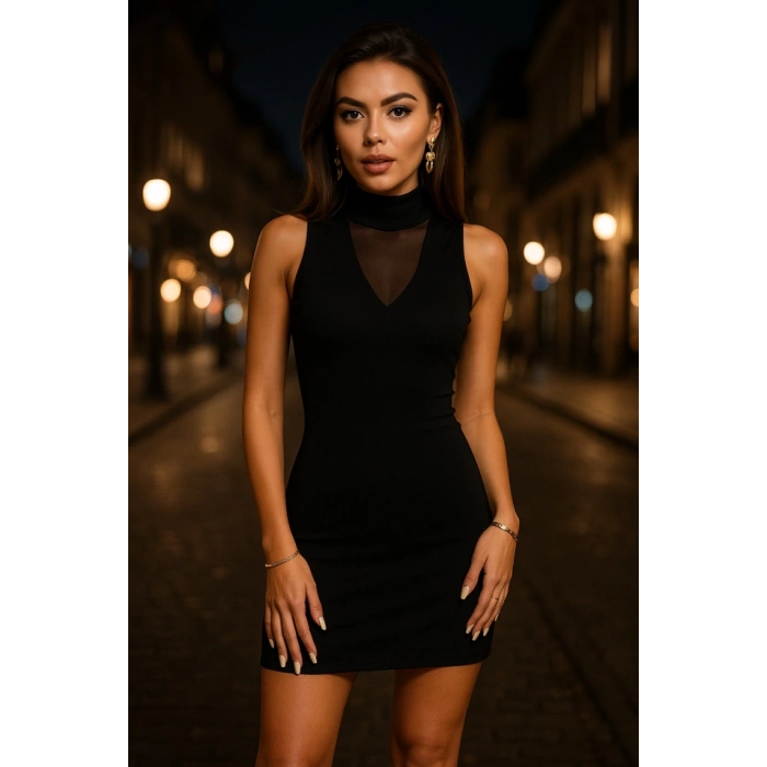 Kadın Balıkçı Yaka Tül Detay Kolsuz Mini Elbise